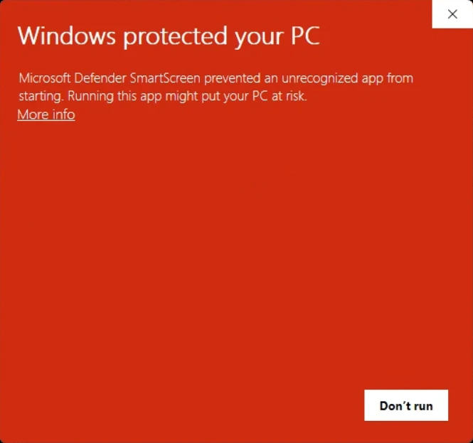 Windows SmartScreen warning: Windows protected your PC, Microsoft Defender SmartScreen prevented an unrecognized app from starting