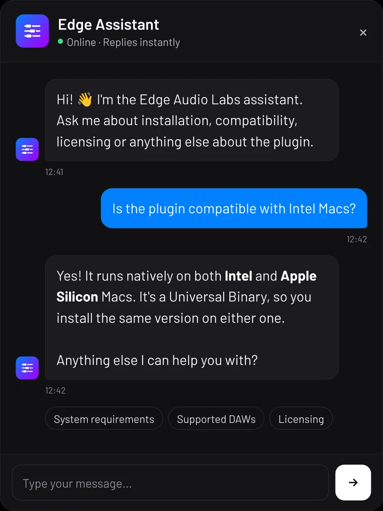 A support assistant in a chat window answering whether the plugin runs on Intel Macs