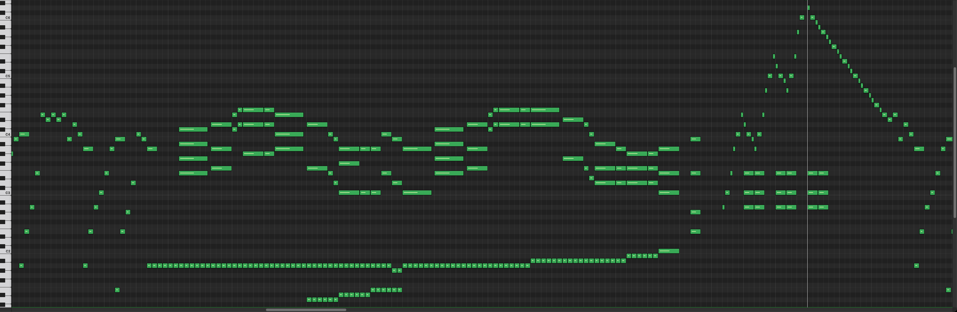 Piano roll of a quantized score: every note locked to the grid
