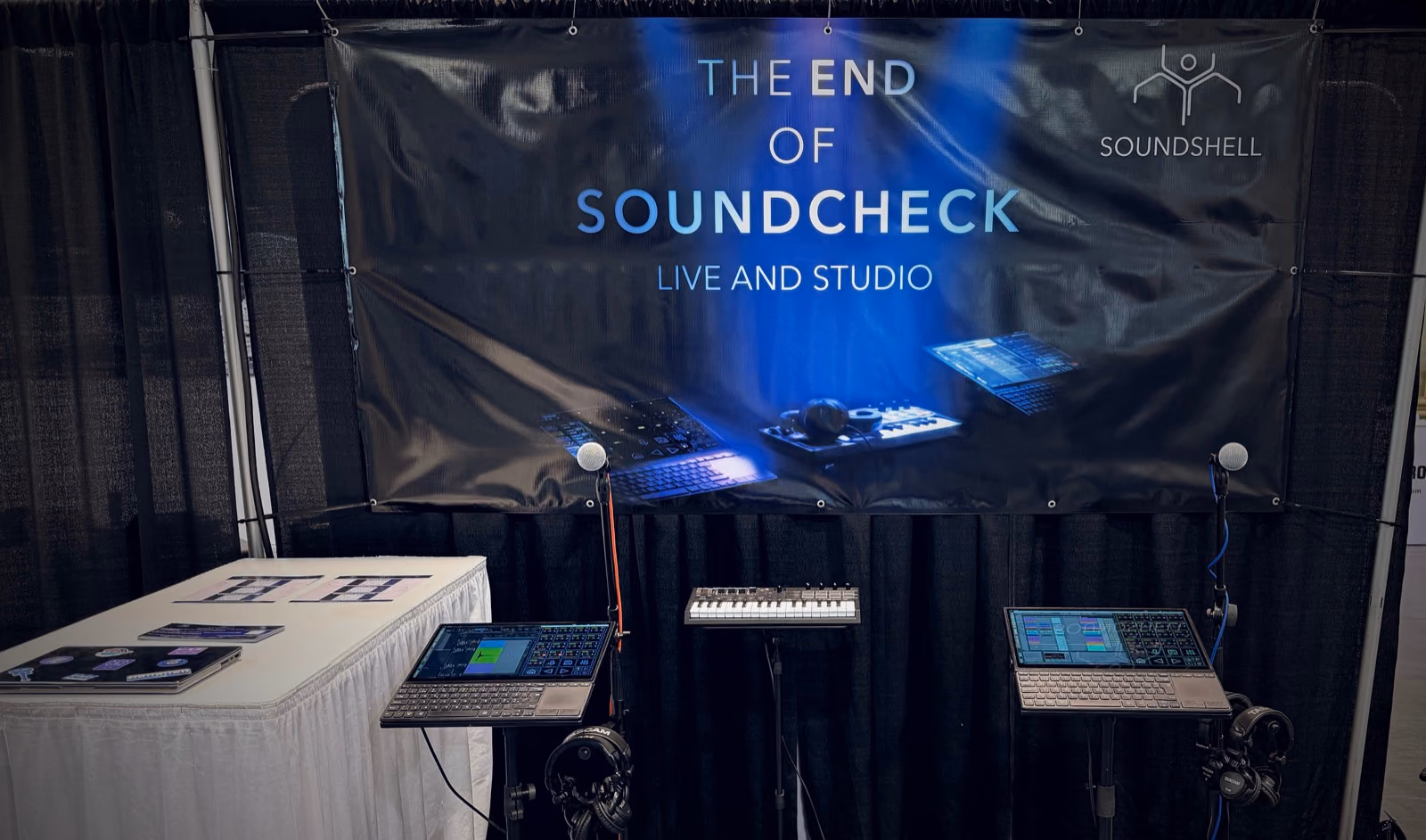 The Soundshell booth at NAMM 2025, with Alltimix demo stations set up