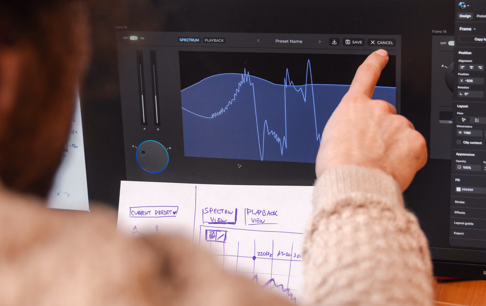 The Pulse AB interface being designed on screen, next to the hand-drawn sketch of its two views