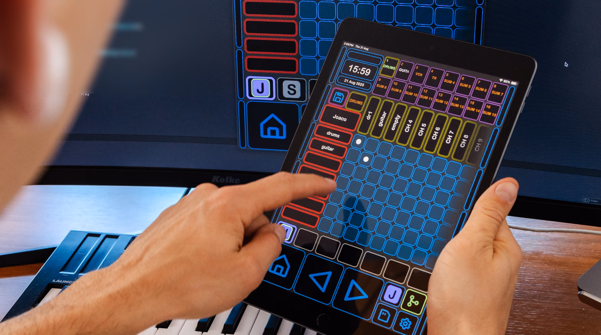 Illustration of a person with headphones working across a laptop and tablet, with a translucent audio app interface glowing behind them showing a cloud waveform, keyboard and mixing controls