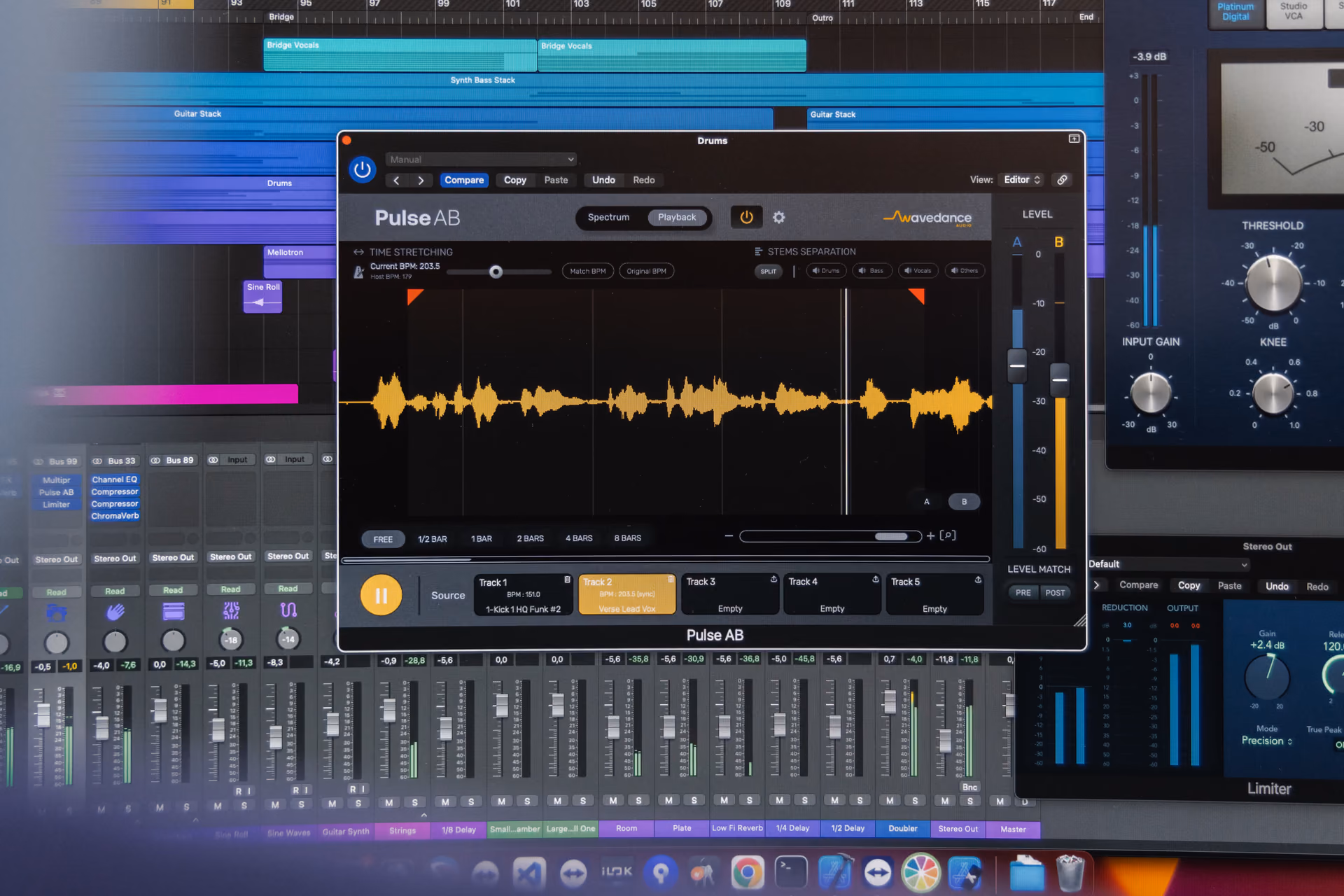 A plugin interface mockup with Reverb and Drive knobs, a live waveform display, and mixer faders and sliders below
